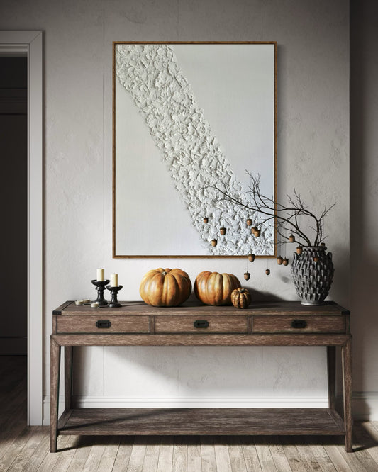 Strukturbild EROSION in Weiß in 120x120cm mit einem Eicherahmen